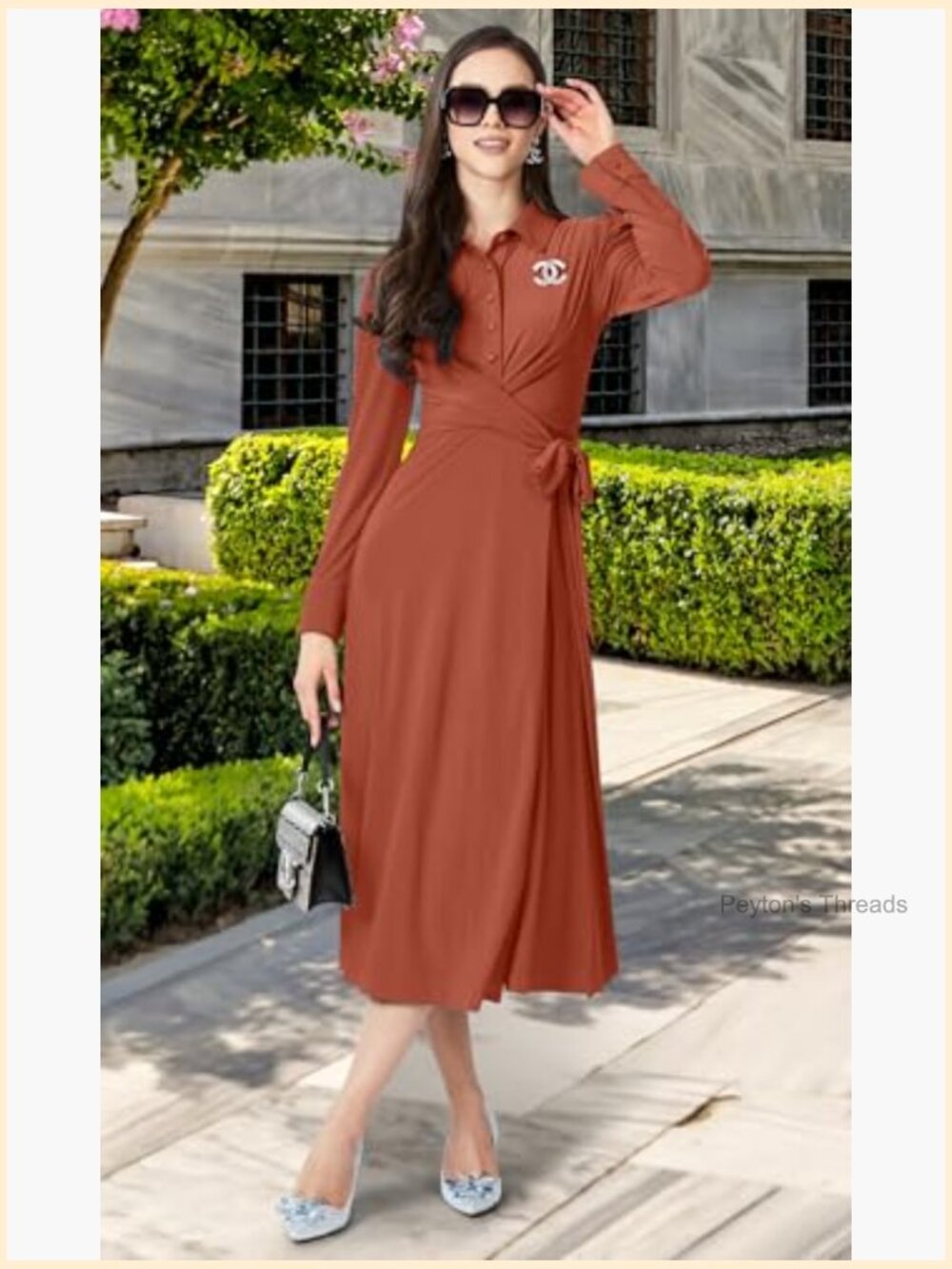 Long Sleeve Flowy Wrap Collar Midi Dress - Modest Office - Picture 3 of 7